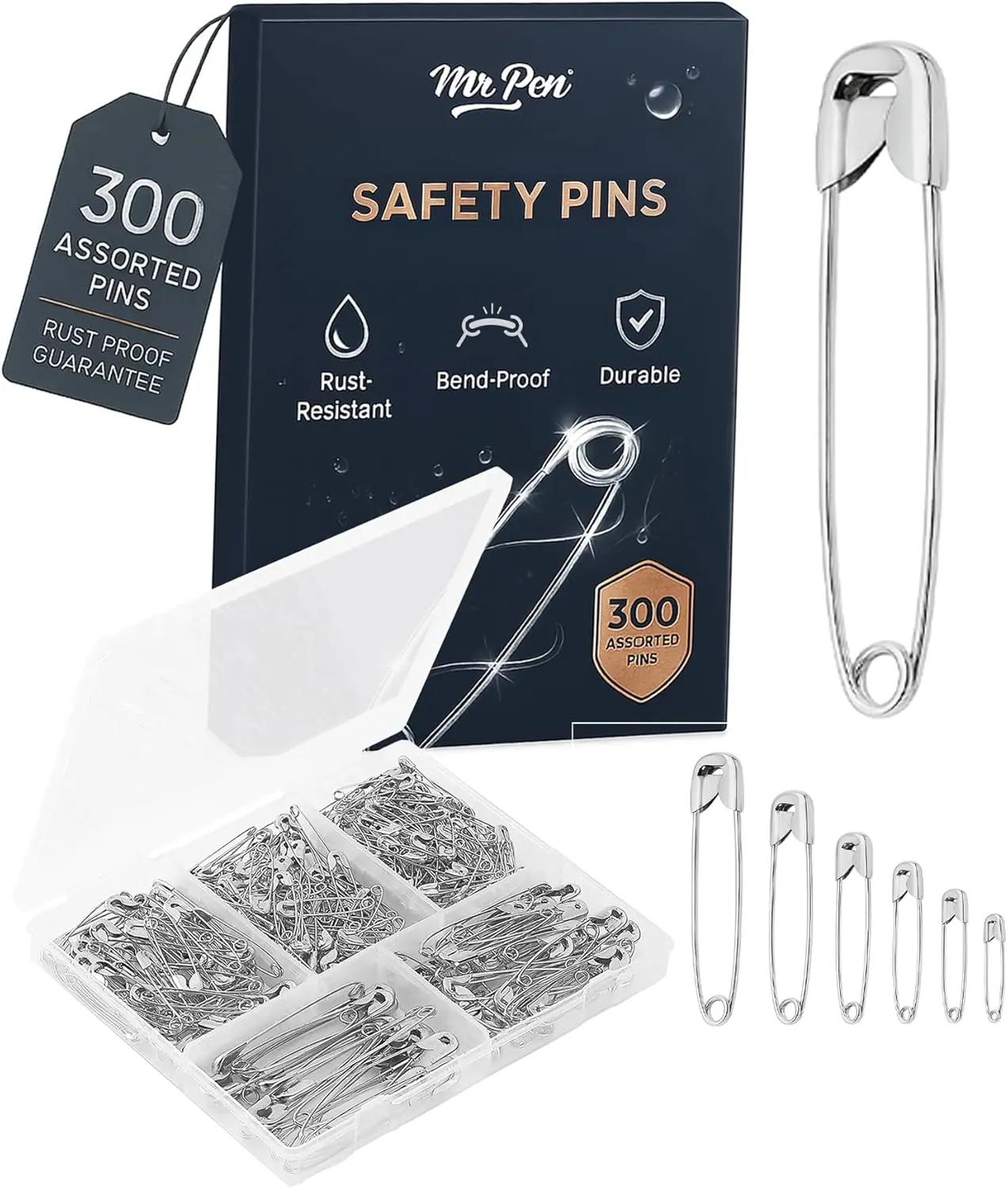 300 Pack Safety Pins, Assorted 5 Different Sized, Nickel Plated Steel, Rust Resistant, Small & Large Sizes, Bulk, for Clothes, Crafts, Pinning, Sewing, Art
