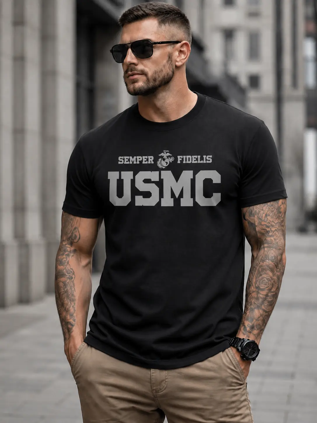 USMC Graphic T-Shirt, Unisex Classic Fit 100% Cotton Military Streetwear Top with Patriotic Double-Sided Eagle Globe Anchor, Street Style