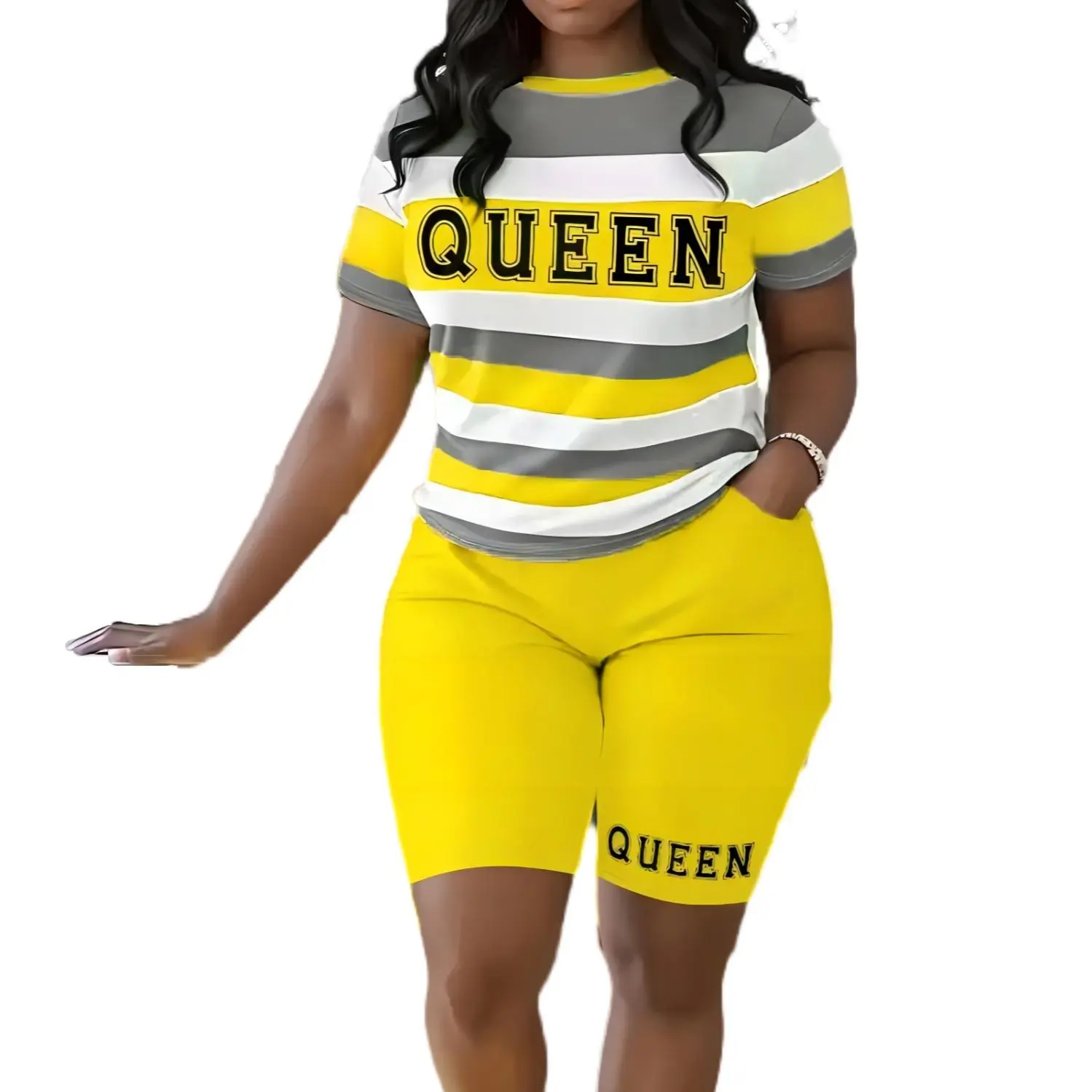 Summer Casual Tracksuit, Plus Size Striped Tee & Shorts Set with Queen Print & Pockets, Ladies Daily Sport Outfit, 2 Piece Sets, Women 2 Piece Sets