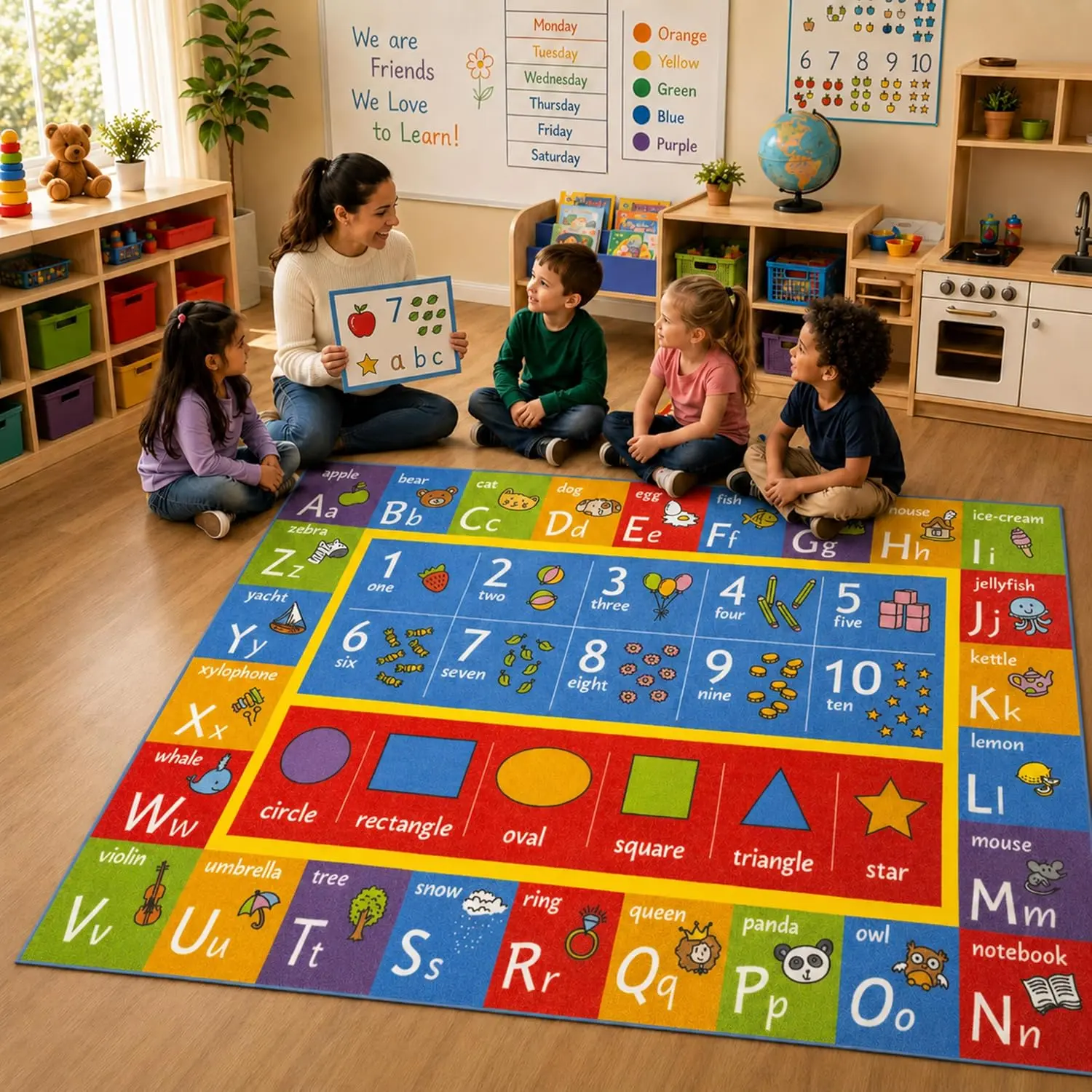 Educational Rug: ABC Alphabet, Numbers & Shapes - 3x5' Playmat - Interactive Play, Activity Area Carpet, Bedroom-Classroom, Baby-Toddler-Kids