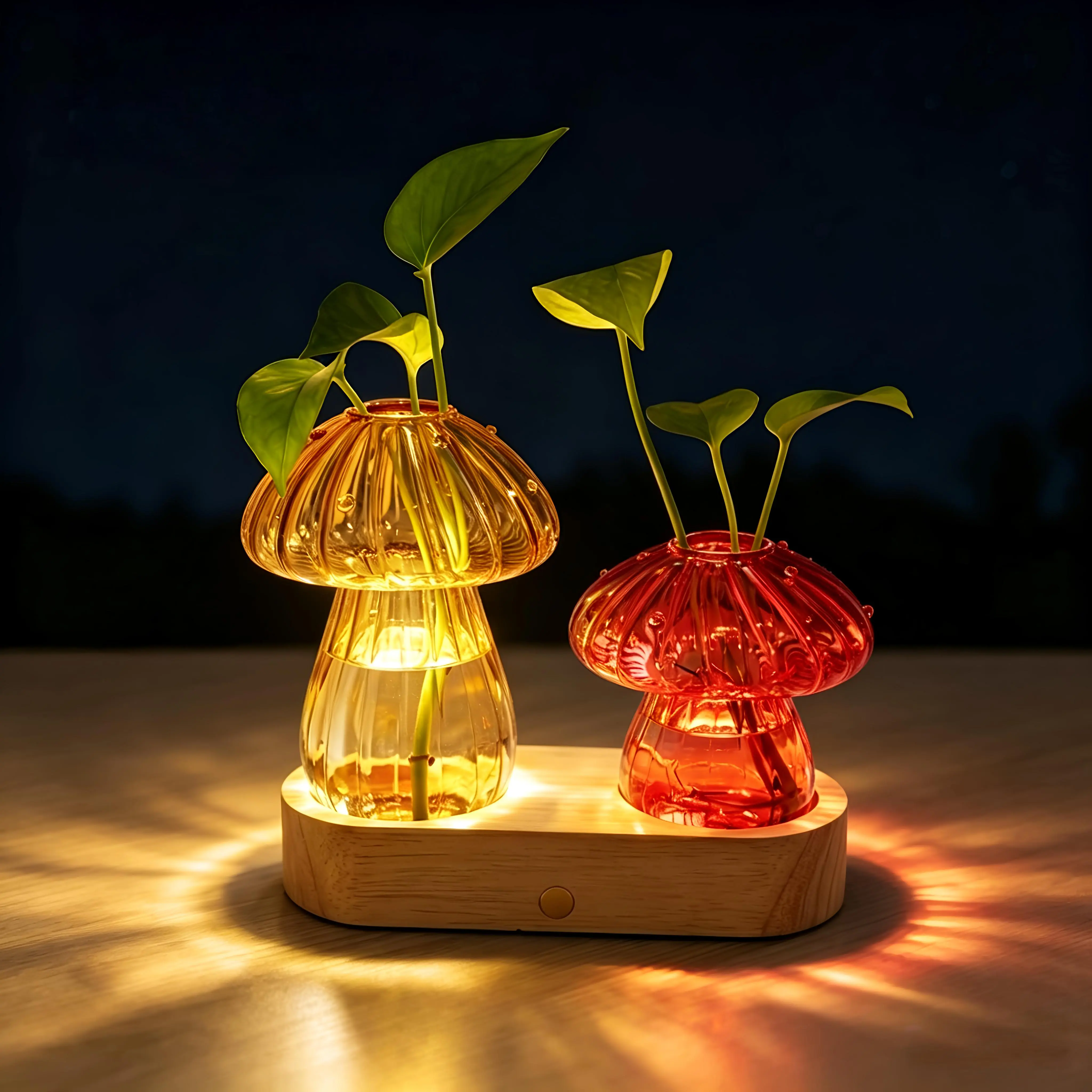 LED Lighted Mushroom Glass Propagation Stations - Dual Plant Stations with Dual Glass Vessels, Stepless Dim Glow, Ornamental Vases for Home Office Decor, Hydroponic Planter Jars Valentines Day Gifts for Plant Lovers, Led Lighted Vase, Dimmable Lights