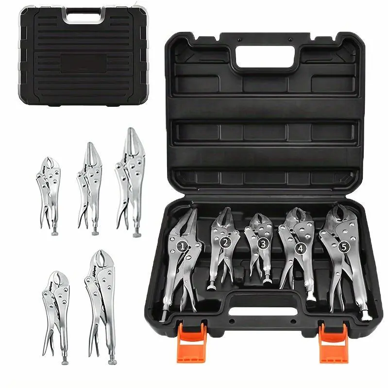 5pcs Heavy-Duty Locking Vise Grips Set with Box - 5"/7"/10" Curved Jaw Vise Pliers, Adjustable Height, High Carbon & Comfortable Non-Slip Jaw for Workshop,, DIY, Professional Kit