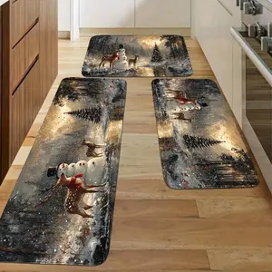 Set Christmas Kitchen Mat, Christmas Elk, Winter Snowman, Christmas Party Decoration Supplies, Merry Christmas, Kitchen Buffer Carpet, Flannel Material Non-Slip Soft and Comfortable Easy to Clean