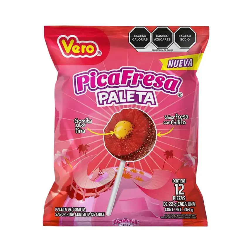 Vero Pica Fresa Paleta (12 Pieces) - Chili Covered Strawberry Lollipop with Pineapple Flavor Gummy Center - Spicy Mexican Candy
