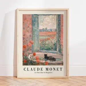 [Sale off up to 45%] [Free ship] [No Frame] Monet Black Cat Bathroom Wall Art Print, Pink Pastel Bathroom Decor, Claude Monet Bathroom Poster, Dopamine Decor, Cat Bathtub Painting (No Frame)