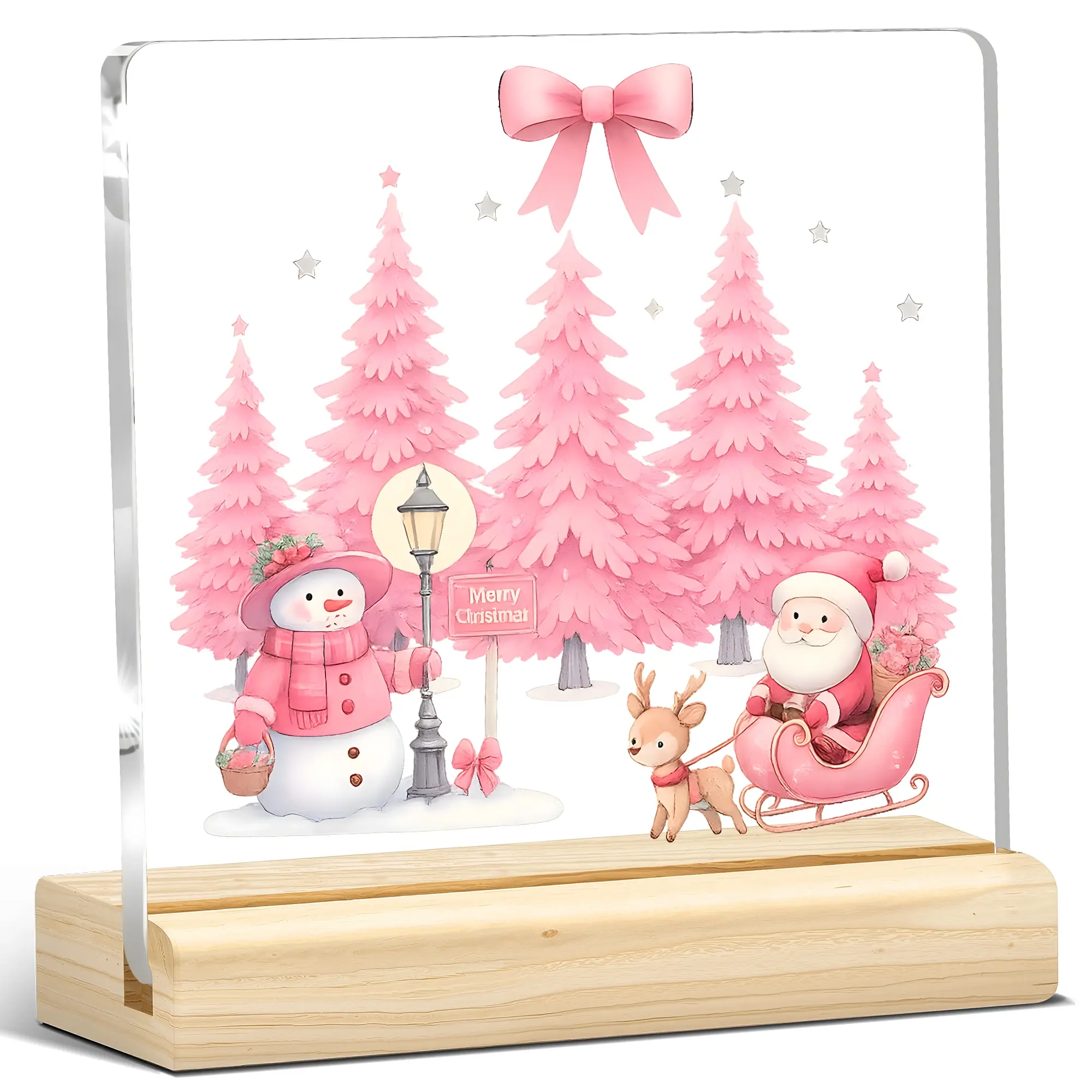 Pink Christmas Acrylic Plaque, Snowman & Santa Scene, Christmas Decorations, Pastel Trees, Desk Decor, Acrylic Desktop Decoration, Christmas gift, home decor, ornaments, secret santa, for holiday