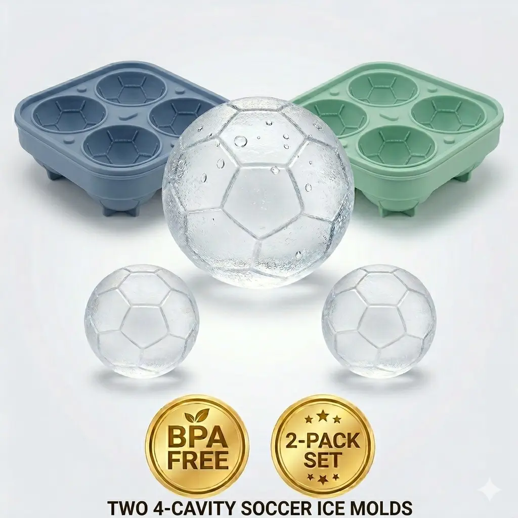 2-Pack Soccer Ice Cube Molds, 4-Cavity Large Silicone Soccer Ball Maker (Blue & Green Set) for Whiskey & Drinks, Perfect Soccer Texture, Game Day Essentials, Great Gift for Soccer Fans, Moms & Coaches, BPA Free