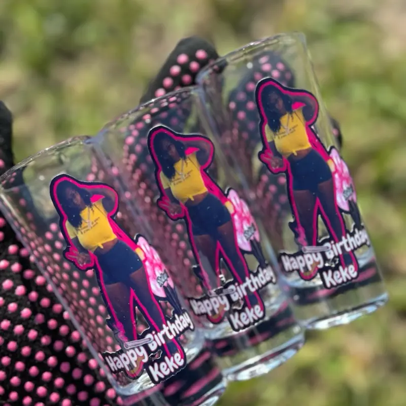 Custom Shot Glass - Birthday Drinkware with "Happy Birthday Keke" Design, Featuring a Character and Pink Accents