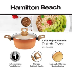Hamilton Beach 4.5 Qt Forged Aluminum Dutch Oven - Glass Lid, Wood-Inspired Soft-Touch Handles, PFOA-Free Nonstick Coating, High-Performance Kitchen Cookware