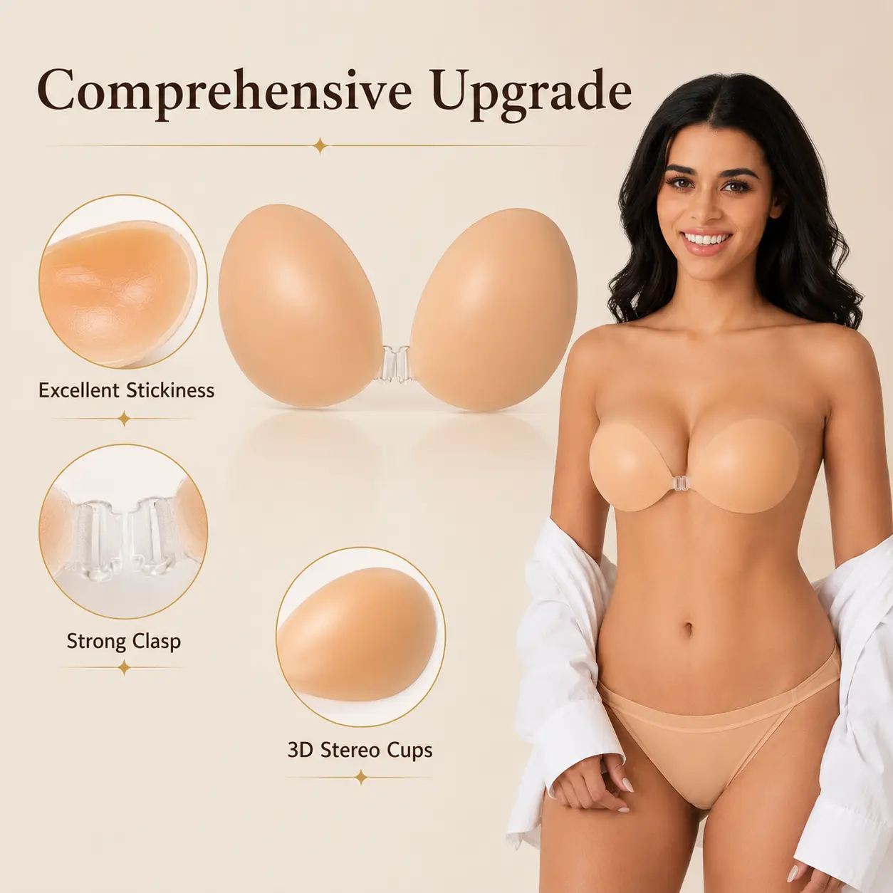 Women's Nude Self-Adhesive Bra Insert Pads & Solid Color Reusable Silicone Nipple Covers, Invisible Anti-Bump Waterproof Chest Enhancer, Daily Lingerie Underwear Accessories Lifted strapless bras bust woman big
