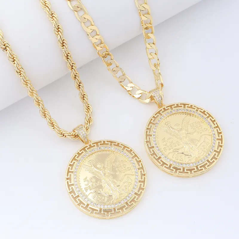 Centenario Necklace 14k Gold Plated Mexican 50 Pesos Centenario Pendant for Men Cuban Link Rope Chain