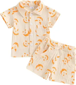 fyclemt Toddler Baby Girl Boy Halloween Pajamas Pumpkin Cotton Linen Long Sleeve Button Down Shirts Pants Kids Sleepwear Pjs