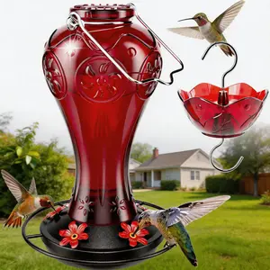 Birdream Glass Hummingbird Feeder for Outdoors, 23oz Hanging Nectar Holder with 5 Metal Feeding Ports Ant Moat, Decorative Bird Feeder for Garden Patio Backyard, All Red tiktokshopspringglowup lover outdoorfun