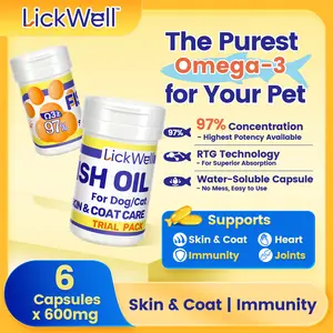 LickWell Omega 3 Wild Anchovy Fish Oil for Dogs - 97% Concentration, RTG Technology, Water-Soluble Capsules, Supports Skin Coat, Heart, Immunity, Joints