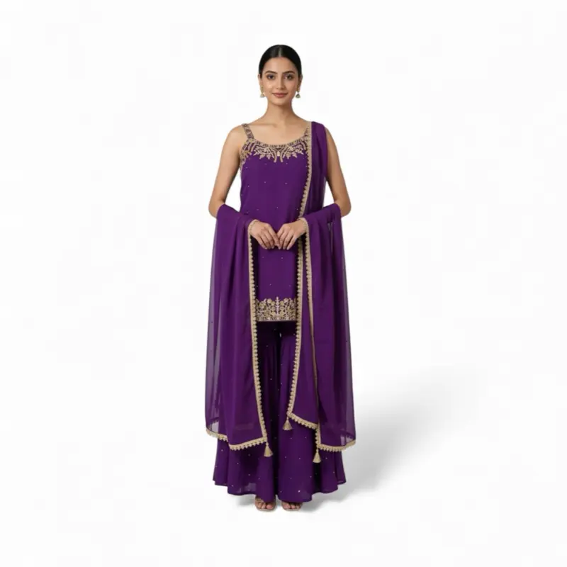 Sleevless Georgette Garara Set Perfect Party Wear for Any Occasions in Vibrant Purple with Embellished Border  bust size M(38),L(40),xl(42),xxl(44)