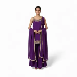 Sleevless Georgette Garara Set Perfect Party Wear for Any Occasions in Vibrant Purple with Embellished Border  bust size M(38),L(40),xl(42),xxl(44)