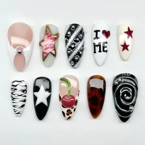 Stylish Leopard French Stripe Nail Art Set, Transparent Cherry Design, Fashionable European & American Style, Detachable Wearable Nails, 30 Pieces, Nails Press Ons