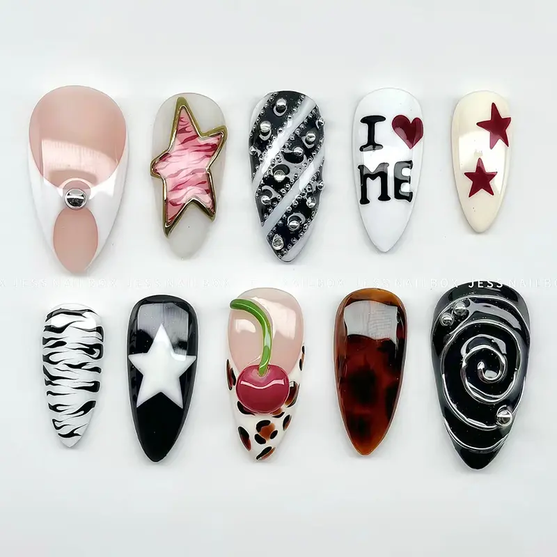 Stylish Leopard French Stripe Decorative Nail Art Set, Transparent Cherry Design, Fashionable European & American Style, Detachable Wearable Fake Nails, 30 Pieces, Nails Press Ons, False Nail Set