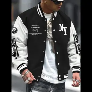 Men's Letter Print Baseball Collar Bomber Jacket, Loose Casual Sporty Long Sleeve Varsity Jacket for Fall & Winter, Men's Outerwear for Daily Wear