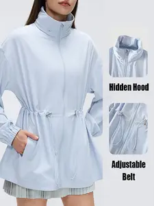 Adjustable Waist Windbreaker with Hidden Hood - No More Bulky, Frumpy Jackets! Lightweight Casual Outerwear Everyday Wear, Travel, Commute & Outdoor
