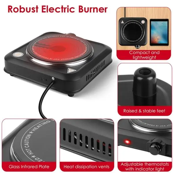 1000W Portable Infrared Single Burner Electric Hot Plate, 7.5-Inch Glass Cooktop, Adjustable Temp Kitchen Appliance for Camping & Dorms, Multifunction, Tempered Glass