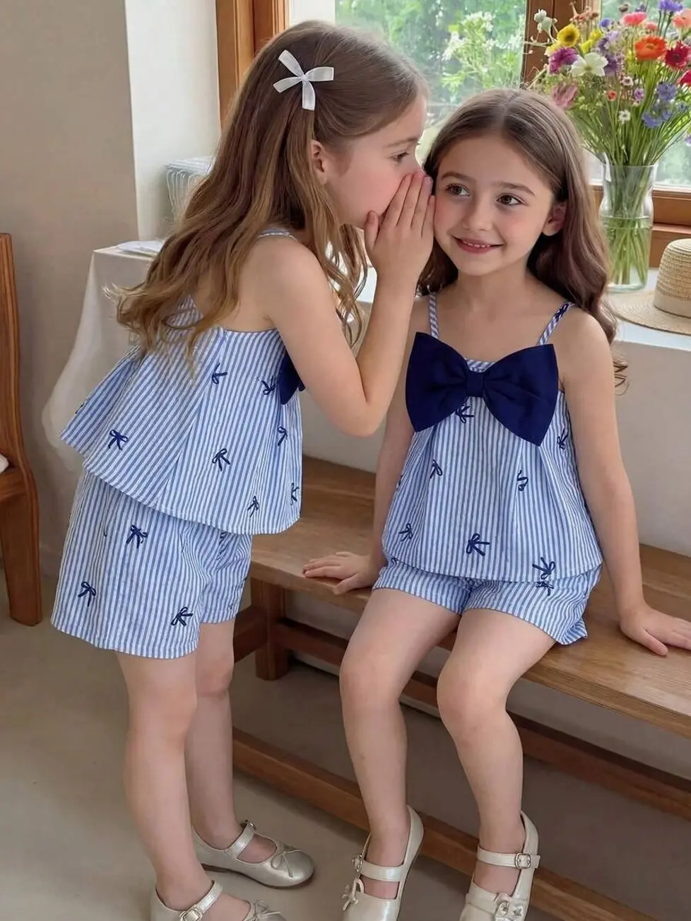 Kids clothing girls - Girls 2-Piece Colorful Striped Camisole & Pleated Shorts Set, Sweet Bow Decor Summer Playwear girls clothes for kids clean girl clothes cute college girl clothes girly clothing boho earthy girl clothes
