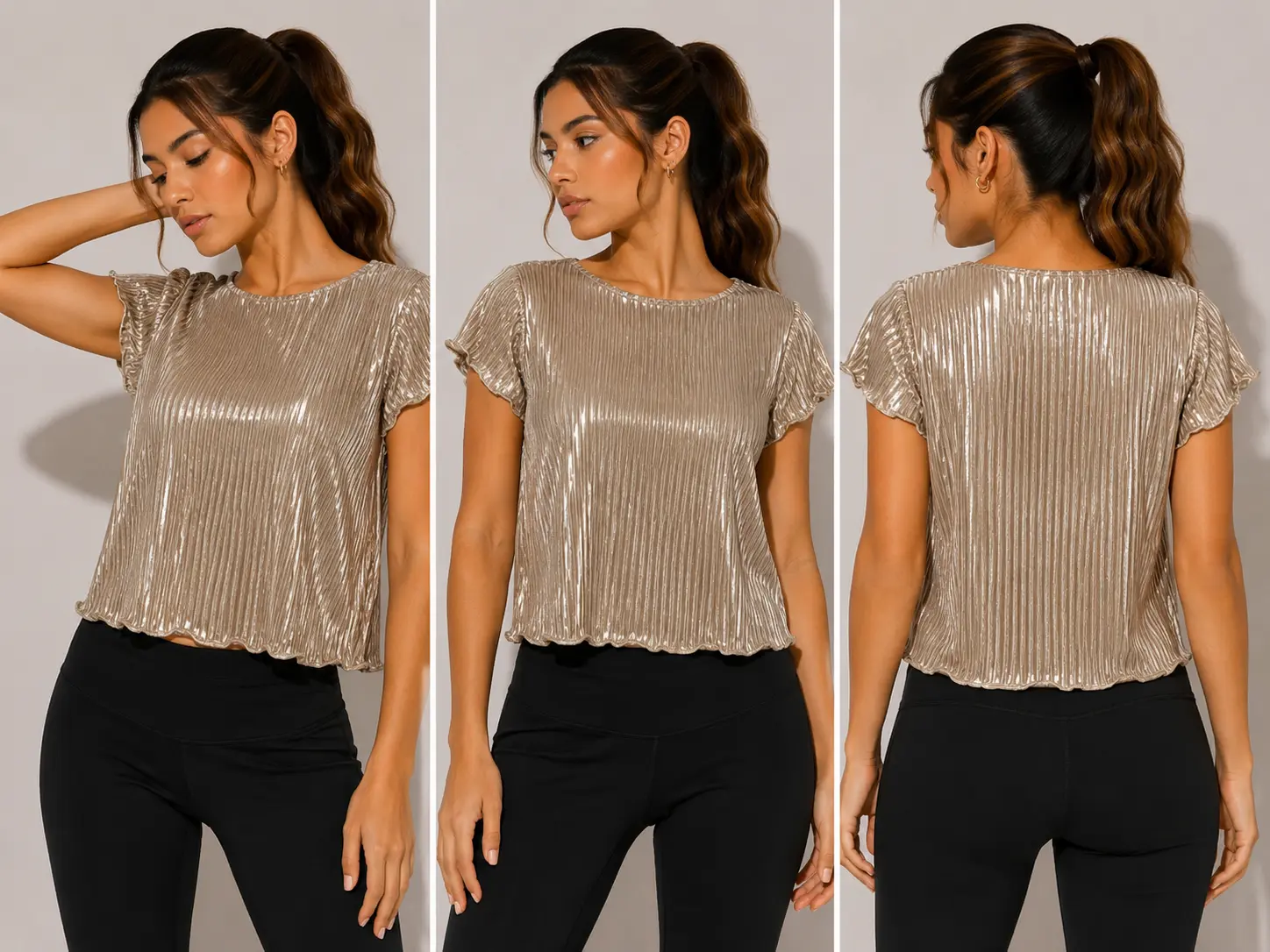 Blusa Plisada Metalizada Color Champagne – Talla Única (S–M)