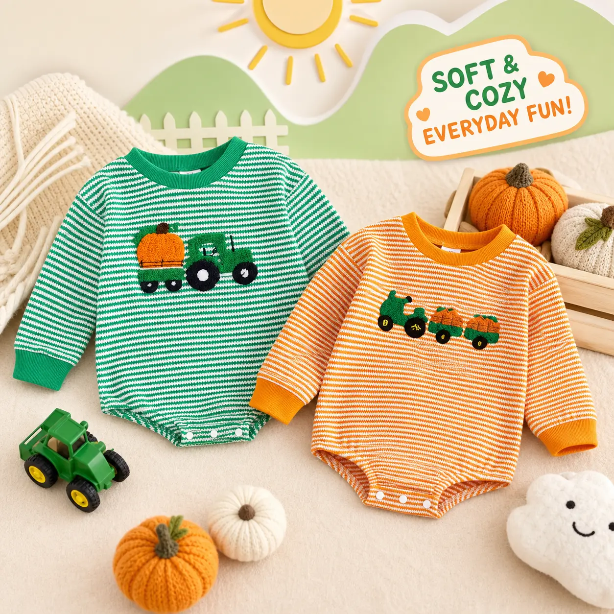 Halloween Baby Pumpkin Tractor Waffle Knit Onesie, Orange Striped Long-Sleeved Onesie, Suitable for Fall and Halloween (0-18 Months)