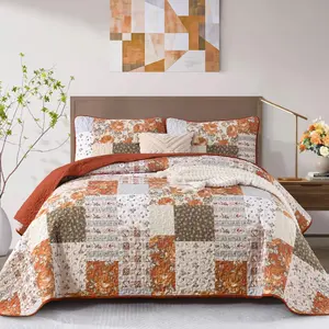 Patchwork Set King Size 3 Pieces Terracotta Bedspread Coverlet Set, Bohemian Farmhouse Brown Patchwork Bedding Set for All Season, Reversible Lightweight Bed Cover for All Season
