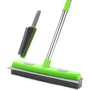 Rubber Broom with Squeegee for Carpet Pet Hair Remover, 57 inch Long Handled Fur Remover Rake, Portable Detailing Lint Brush for Carpet, Hardwood Floor, Tile