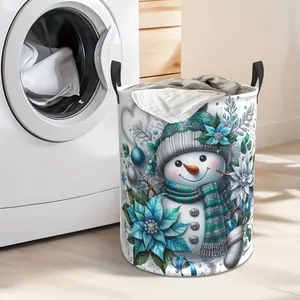 Extra Large Christmas Snowman Laundry Basket with Rope Handles - 19, 6x15, 7 Inch Round Storage Hamper, Durable Polyester Holiday Decor for Toys, Clothes & More, Festive Snowman Design with Floral Accents, Perfect for Bedroom, Bathroom,  Laundry Baskets