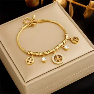 Fashion Women's Gold Plated CZ Life of Tree Charm Bracelet Bangle 7.9 in Anti-tarnish Elegant Jewelry Gift