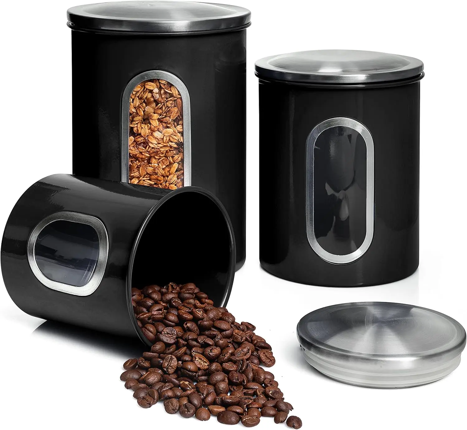 3 count Black Canisters Sets For The Kitchen, Jars With See Window, Airtight Coffee Container  Organizer & Sugar Canister, Kitchen Canisters Set of 3 Black Kitchen Decor