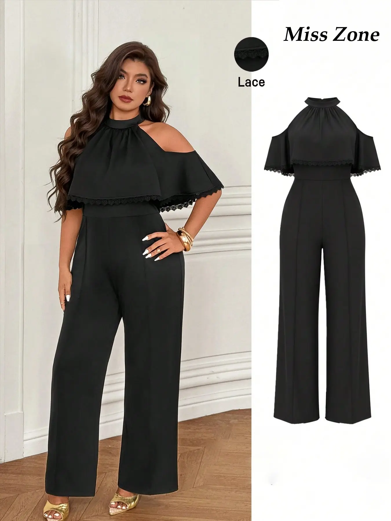 Women's Plus Size Jumpsuit Jumpersuit Halter Neck Cold Shoulder Ruffle Overlay Lace Trim Wide Leg Pants Elegant Evening Party Wedding Guest Trendy Womenswear