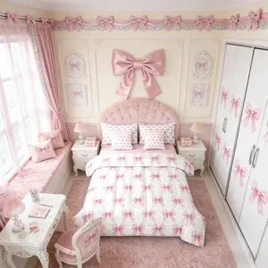 7 Piece Girls Pink Bow Bedding Set Twin Comforter Set with Sheets Bow Room Coquette Lace Bowknot Bed in A Bag for Teen,Watercolor Knot Bed Sets