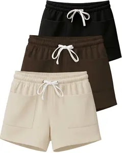 Real Essentials 3-Pack Women's Cotton French Terry Fitted Elastic Basic Athletic Lounge Shorts with Square Pocket (Plus Sizes Available)