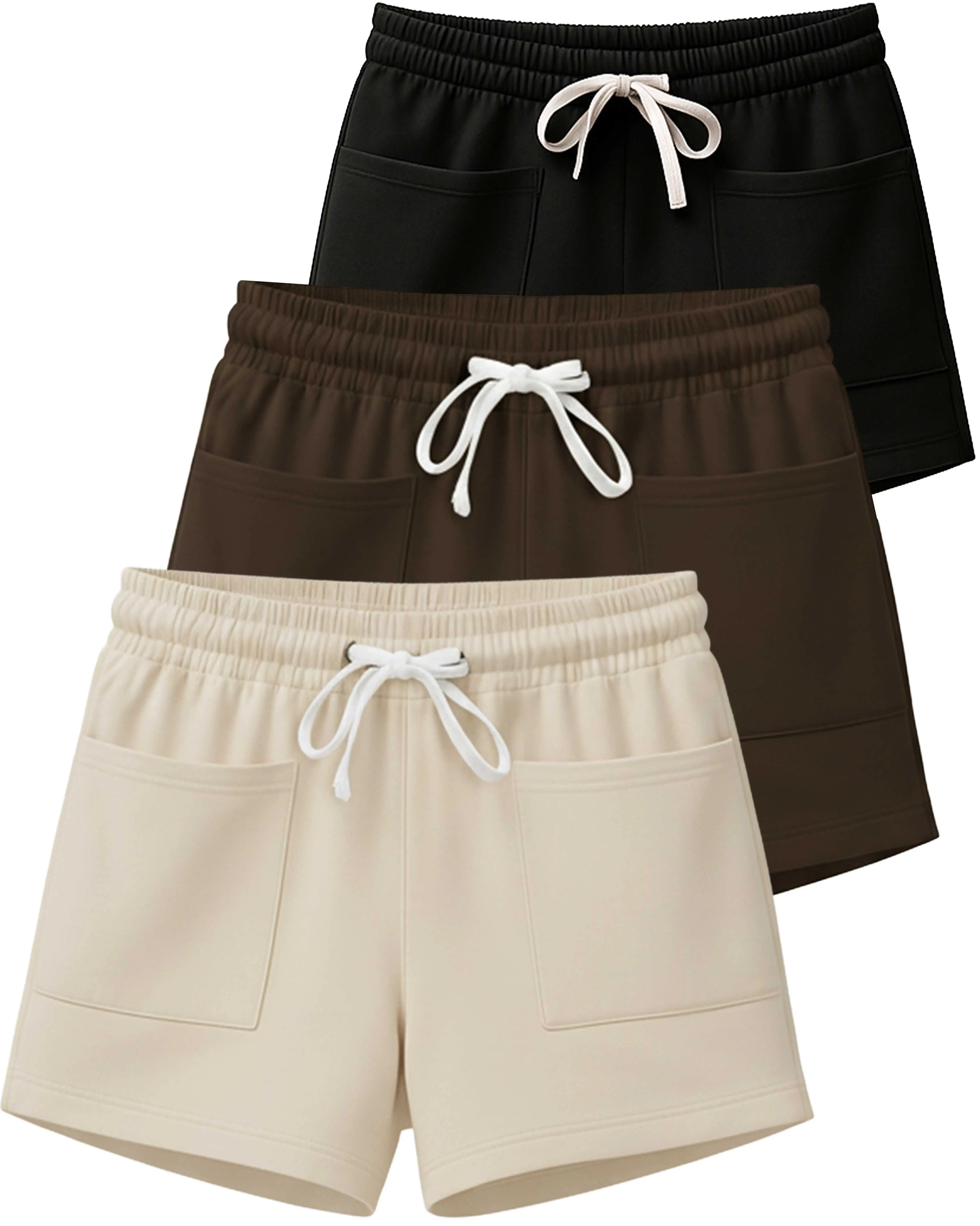 Real Essentials 3-Pack Women's Cotton French Terry Fitted Elastic Basic Athletic Lounge Shorts with Square Pocket (Plus Sizes Available)