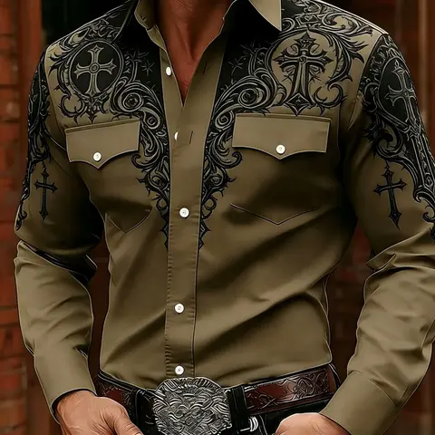 Men's Casual Western Collared Long-Sleeve Shirt with Cross Scroll Digital Graphic Print Design, Casual Country Shirt, Collared Shirts, Ideal Gift for Holidays, Menswear for Daily Wear and Parties