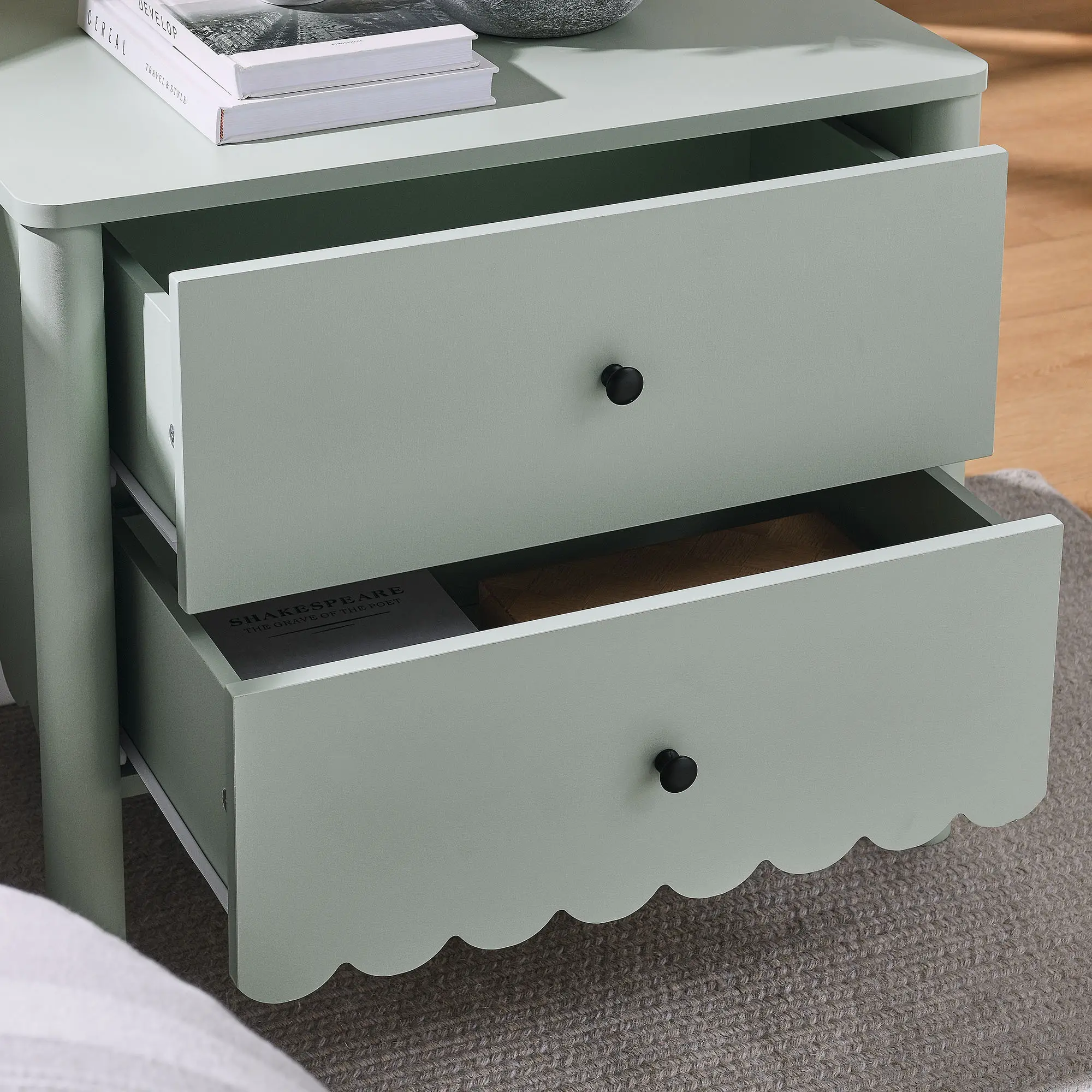 Emmeline Scalloped 2-Drawer Modern Nightstand, Sage Indoor Furniture Bedside Table with Storage for Bedrooms, Nightstand Bedside Table