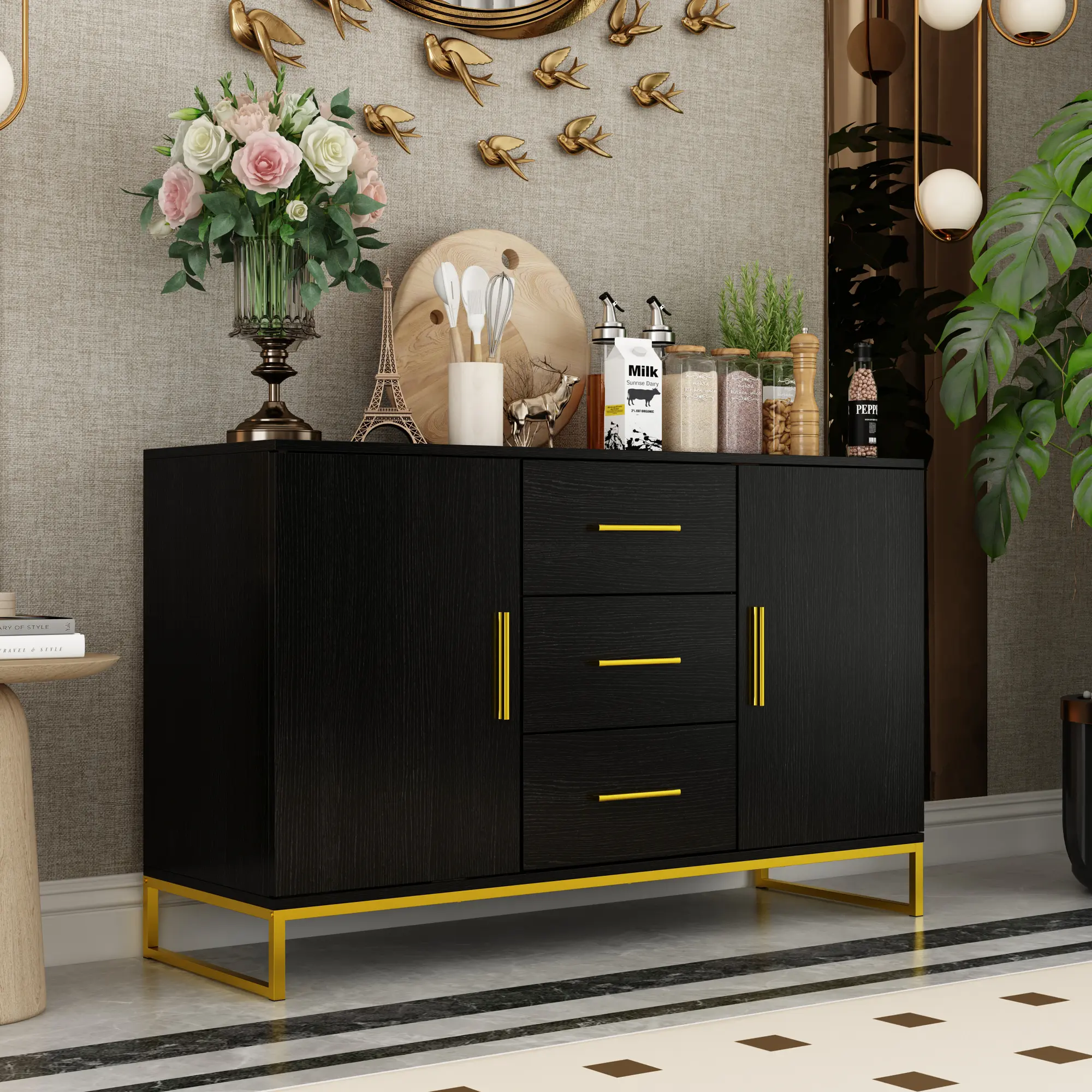 FUFU&GAGA 47" Modern Indoor Kitchen Buffet Sideboard Credenza - Cupboard with 2 Doors, 3 Drawers for Home Storage Furniture Needs, Home Storage Cabinet