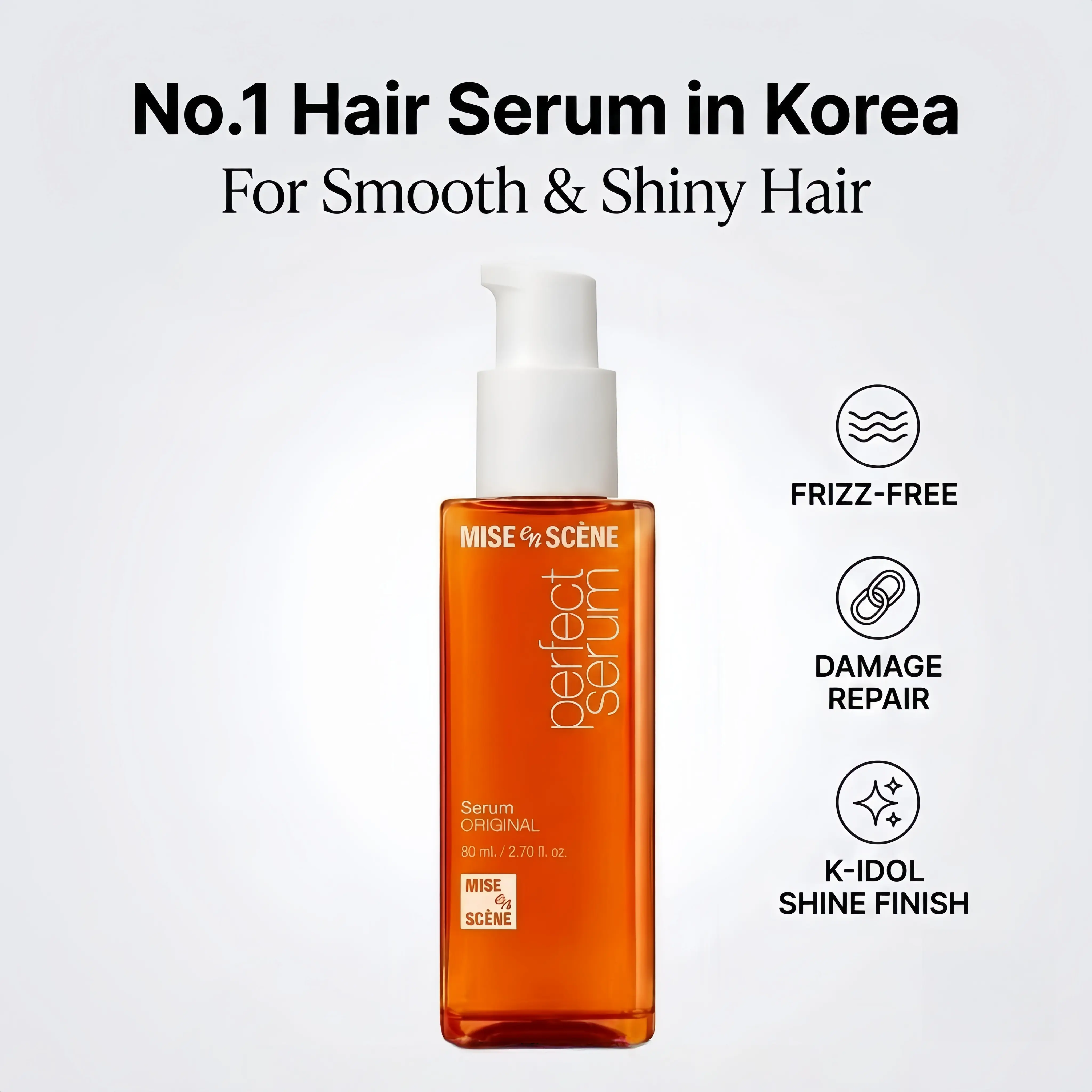 Mise En Scène Korean No.1 Hair Serum, Smooth & Shiny K-Idol Finish, Frizz-Free, Damage Repair for All Hair Types | Perfect Serum Collection