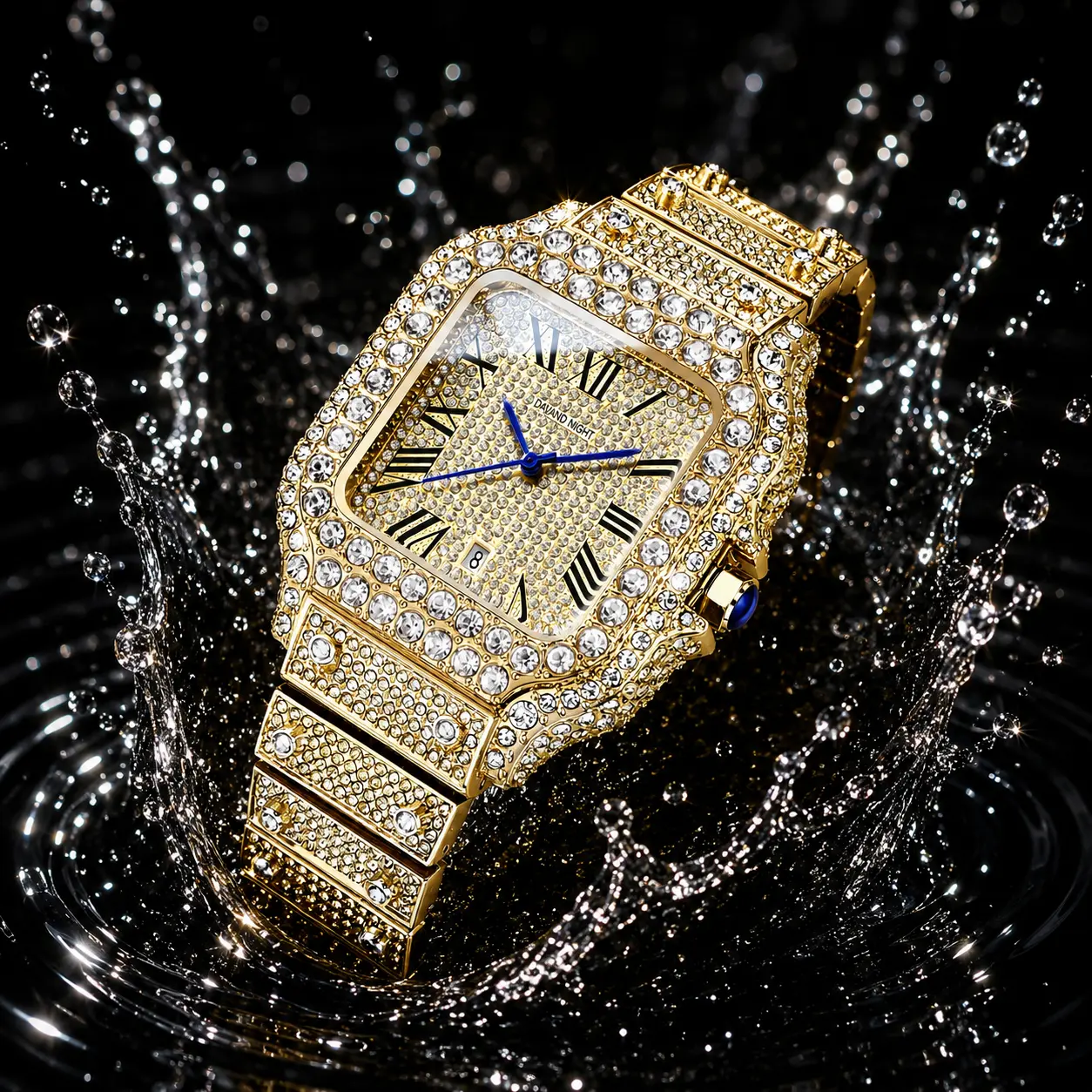 Gold Iced Out Watch for Men, 42mm Square Quartz Wrist Watch with Diamond Style Bling Design, Luxury Hip Hop Waterproof Watch for Daily Wear, Gold Tone Statement Jewelry Watch Gift for Men