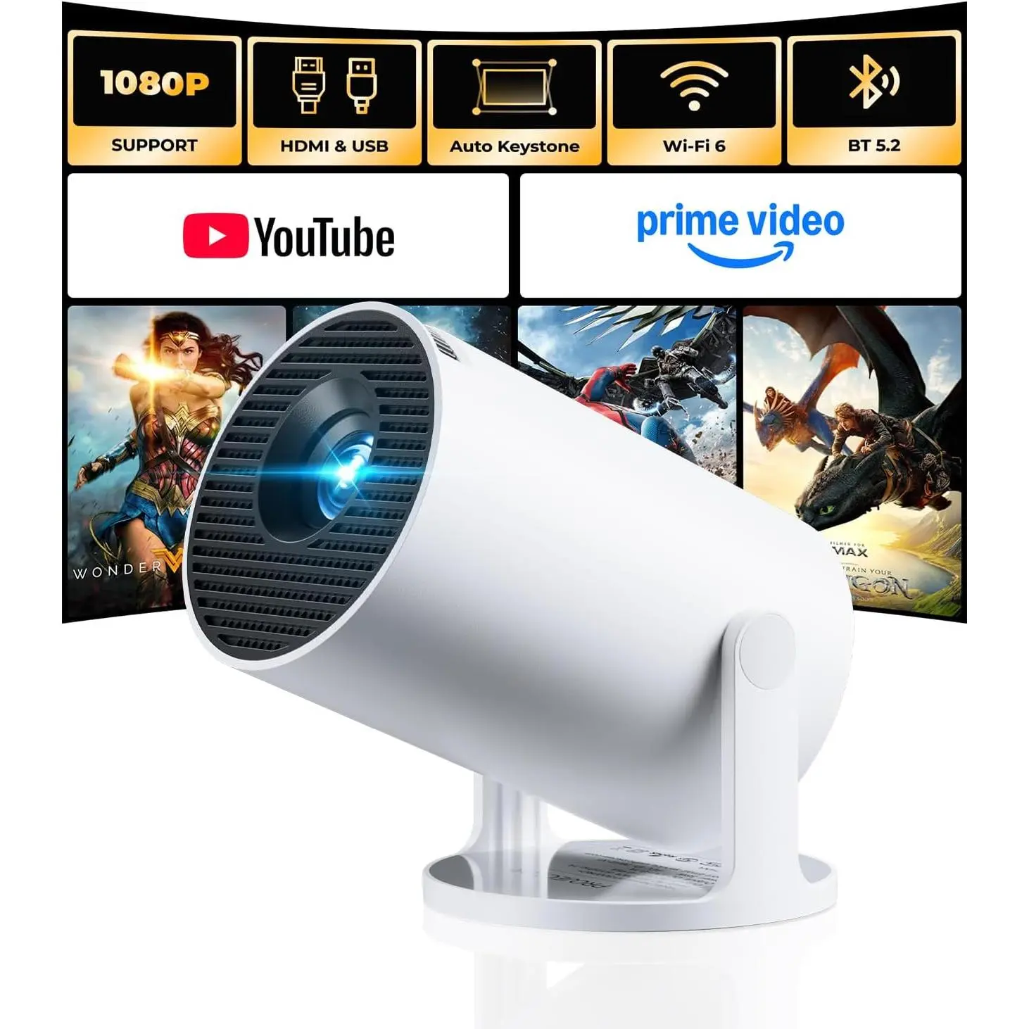 [Built in application] Mini projector with WiFi and Bluetooth, 2026 upgraded 1080P intelligent portable projector, 180 ° rotation, automatic keystone correction, compatible with iPhone/Android/laptop/TV stick/HDMI/USB