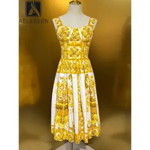 Dana High Quality 100% Cotton Dress Women Spgahetti Strap Summer New Yellow Flower Print Elegant Midi Party Poplin Camisole