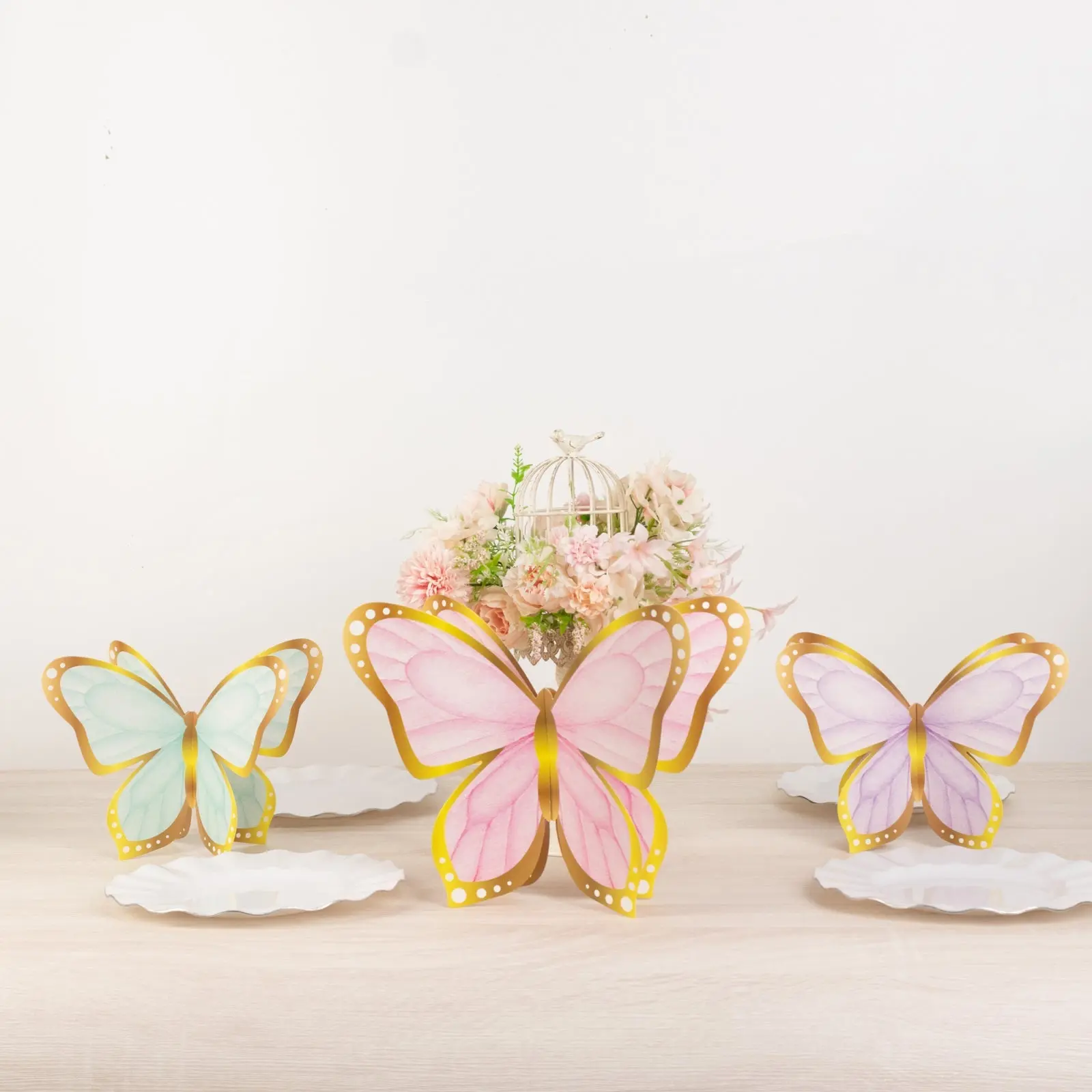 12-Piece Decorative Cardstock Paper 3D Butterfly Table Centerpieces Set - 10 inches, 12 inches, Pastel Color with Metallic Gold Foil Accents, Free-Standing Party Decoration Supplies for Baby Shower