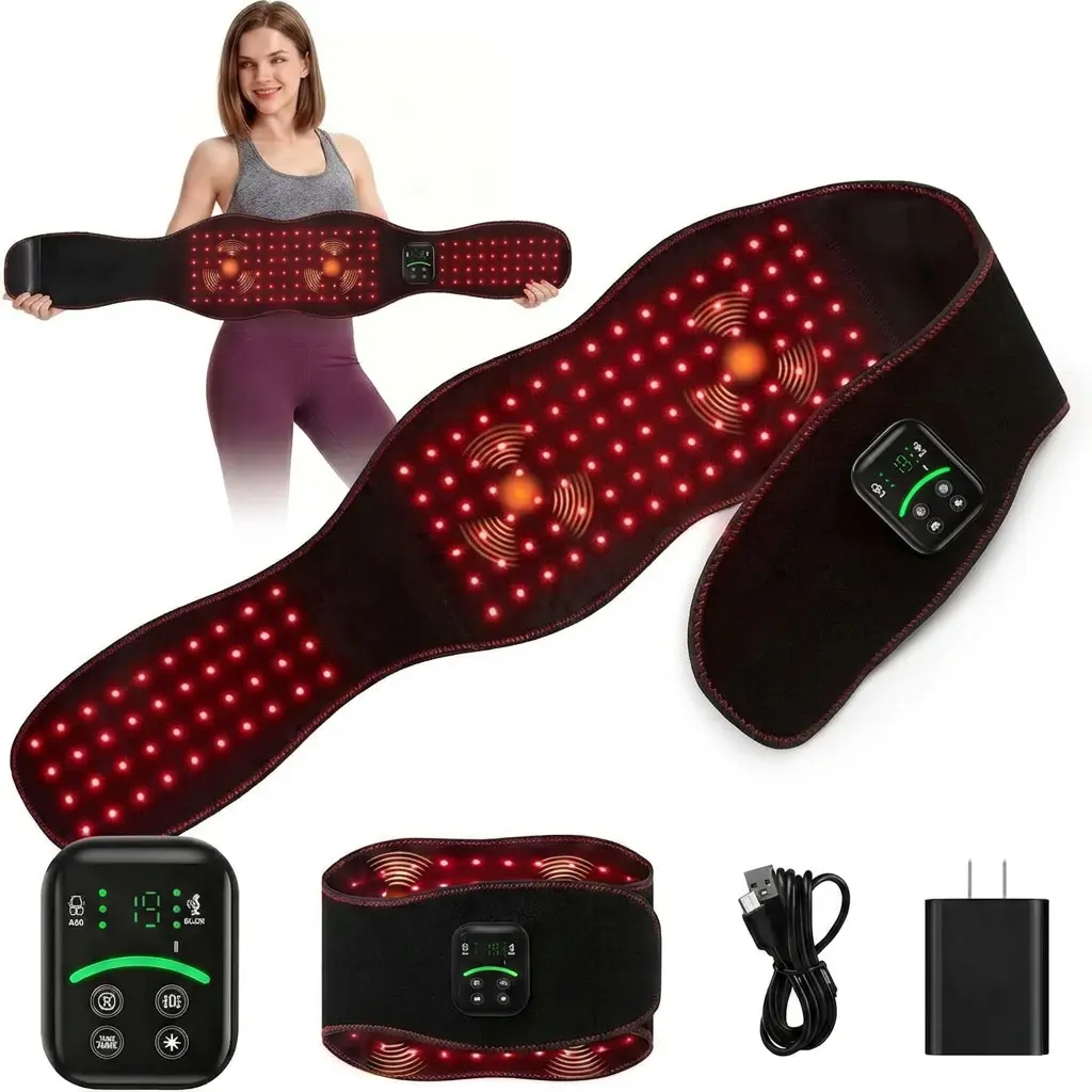 Red Light Therapy Belt - 5000mAh Cordless Infrared Waist Wrap with 10Hz/40Hz Pulse & 3 Vibration Modes - For Back, Shoulders, - Portable Comfort
