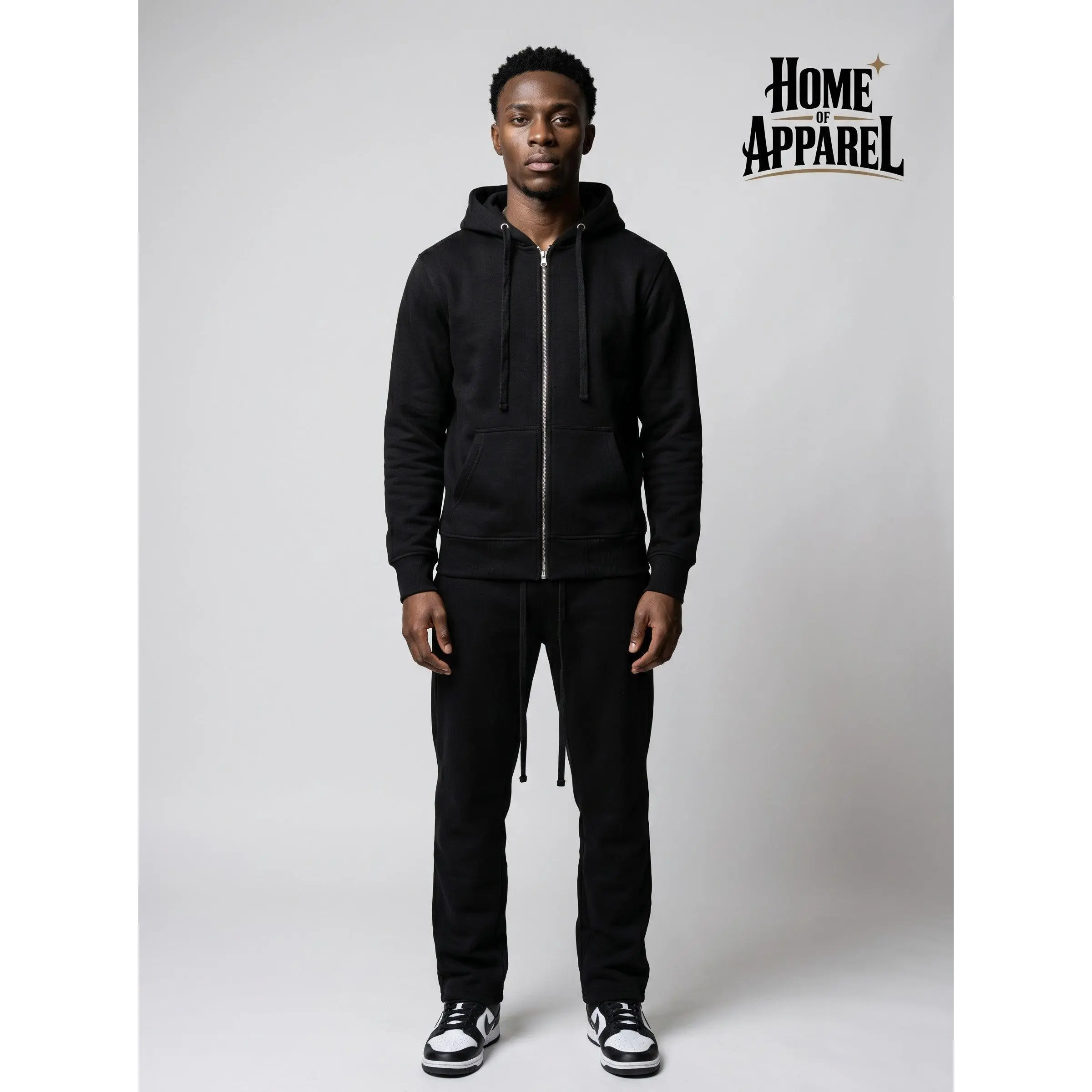 Men's Black Full Zipper Closure Cotton Fleece 2-Piece Clothing Set, Long Sleeve Breathable Modern Sweatshirt & Pants, All Seasons, Male