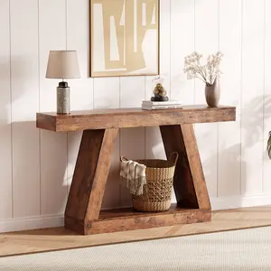 2-Tier Sofa Table with Open Storage Shelves, 55 Inch Industrial Wooden Entryway Table, Farmhouse Trapezium TV Console Living Room Furniture for Hallway, Porch, Corridor