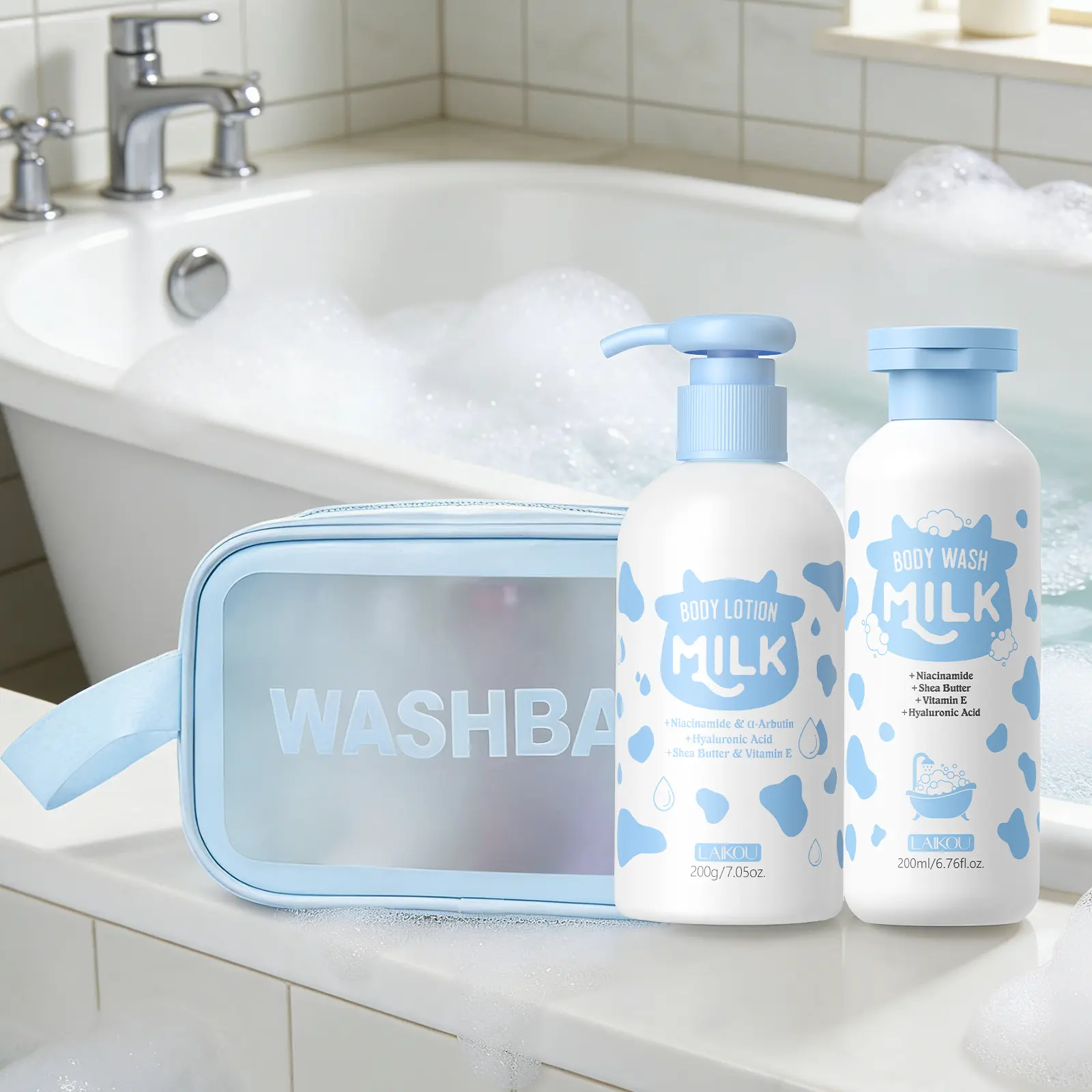 LAIKOU Milky Body Care Set - Milk Cleanser & Hydrating Moisturizer, Gentle Cleansing, Long-Lasting Moisture, Non-Greasy Fast-Absorbing, for Soft Smooth Skin, Milky Body Balm, 200G