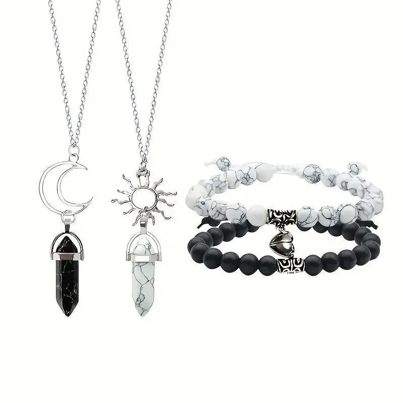 Couple's Sun and Moon Heart Beaded Trendy Jewelry Set - Magnetic Matching Bracelets & Necklaces, Romantic Couple Gifts for Adults, Womens GF Gift, Matching Bf And Gf, Gifts For Boyfriend